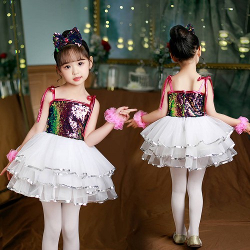 Royal blue pink white rainbow paillette jazz dance costumes for kids children girls moden dance sequined princess dress host choir school stage performance outfits for girls